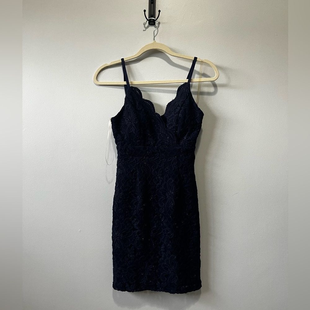 Junior Navy Lace Overlay Spaghetti Strap Dress 1